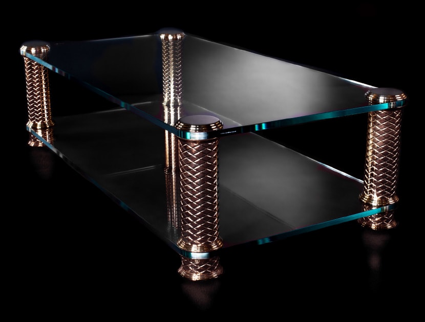 Cosmotron coffee tables are made from the same bronze as the speakers, for a perfect colour match, combined with 19mm toughened glass.